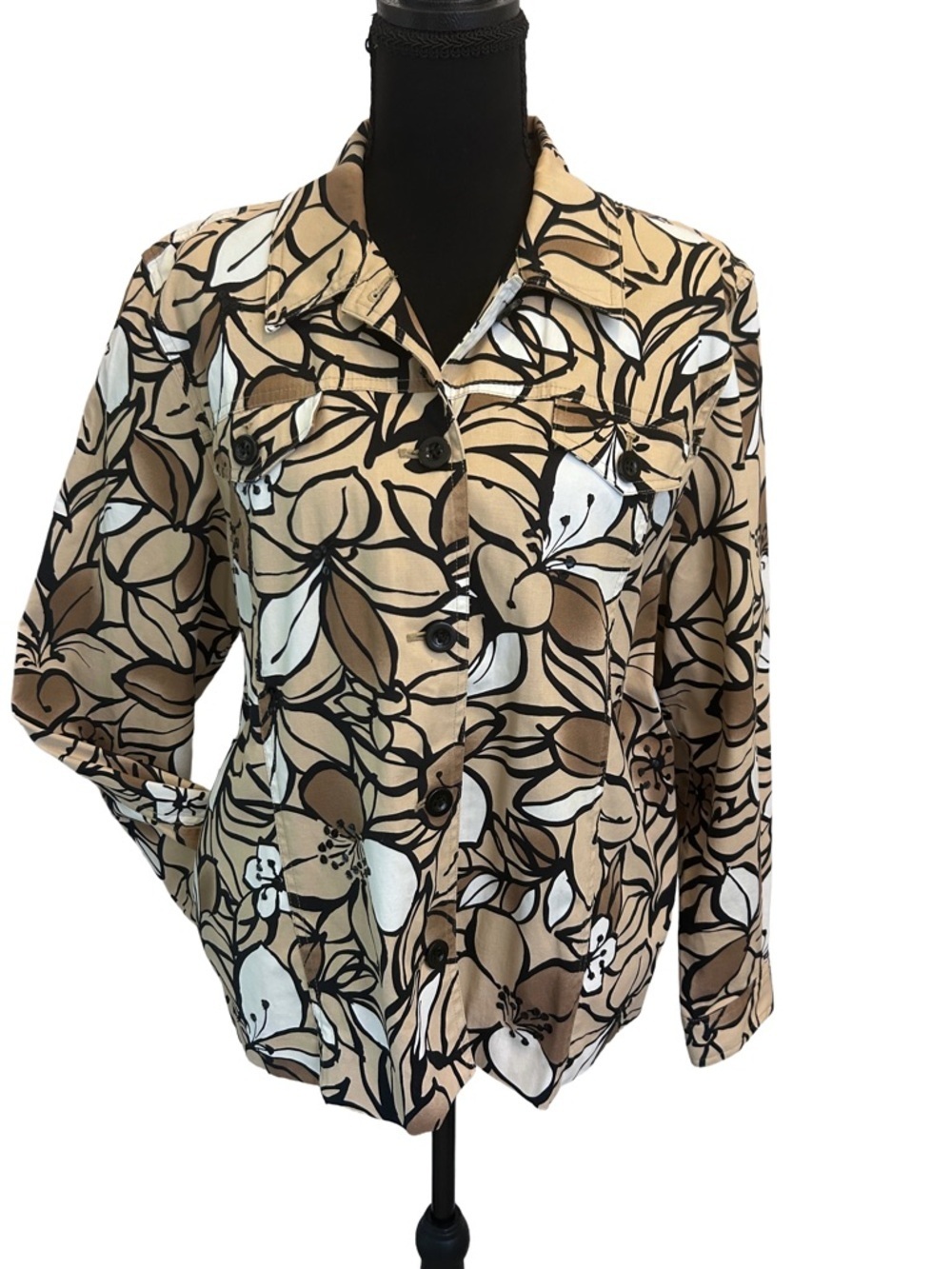 Alfred Dunner Tan & Black Floral Button-Up Jacket with Sequins Size 12